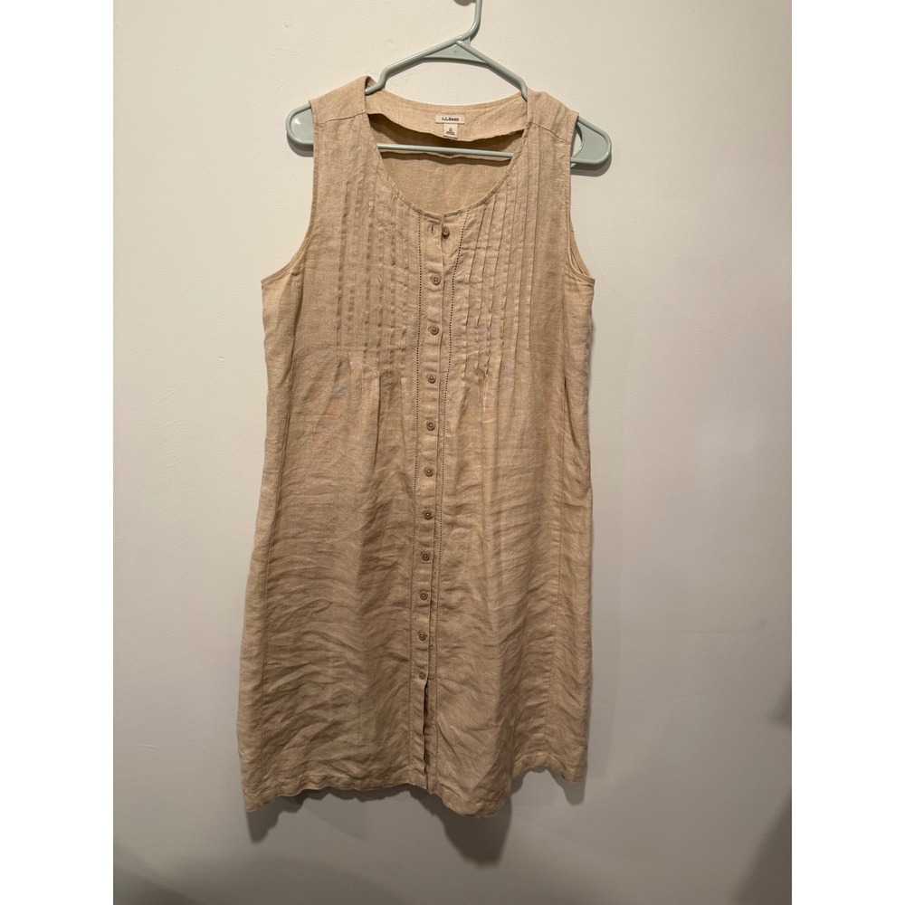 LL Bean 100% Linen Sleeveless Button Front Pintuck Shift Dress Beige Tan 12 REG